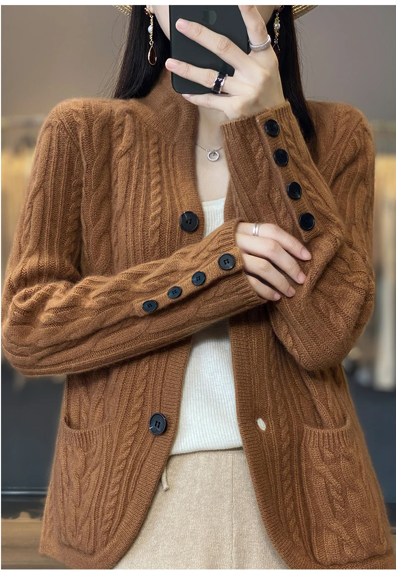 100%Cashmere Wool Sweater Women's New Stand Collar Cardigan Casual Knitted Tops European American Fashion High End Female Jacket