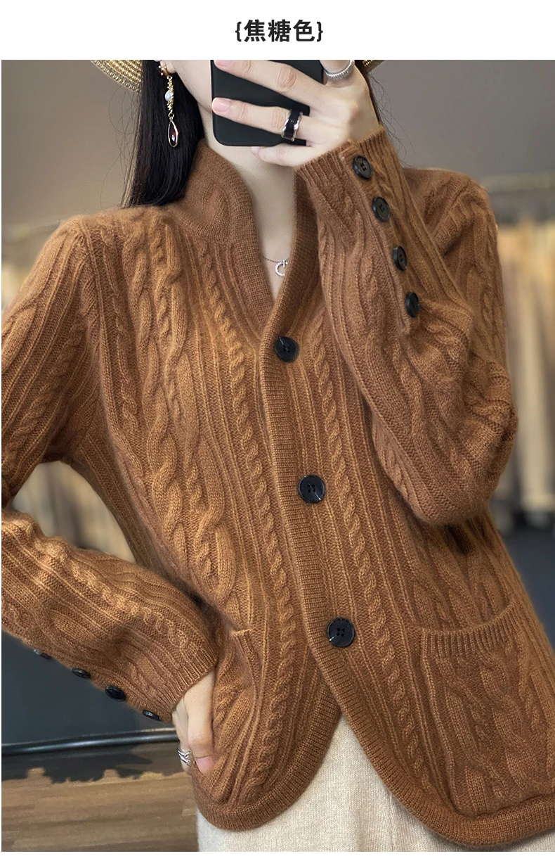 100%Cashmere Wool Sweater Women's New Stand Collar Cardigan Casual Knitted Tops European American Fashion High End Female Jacket