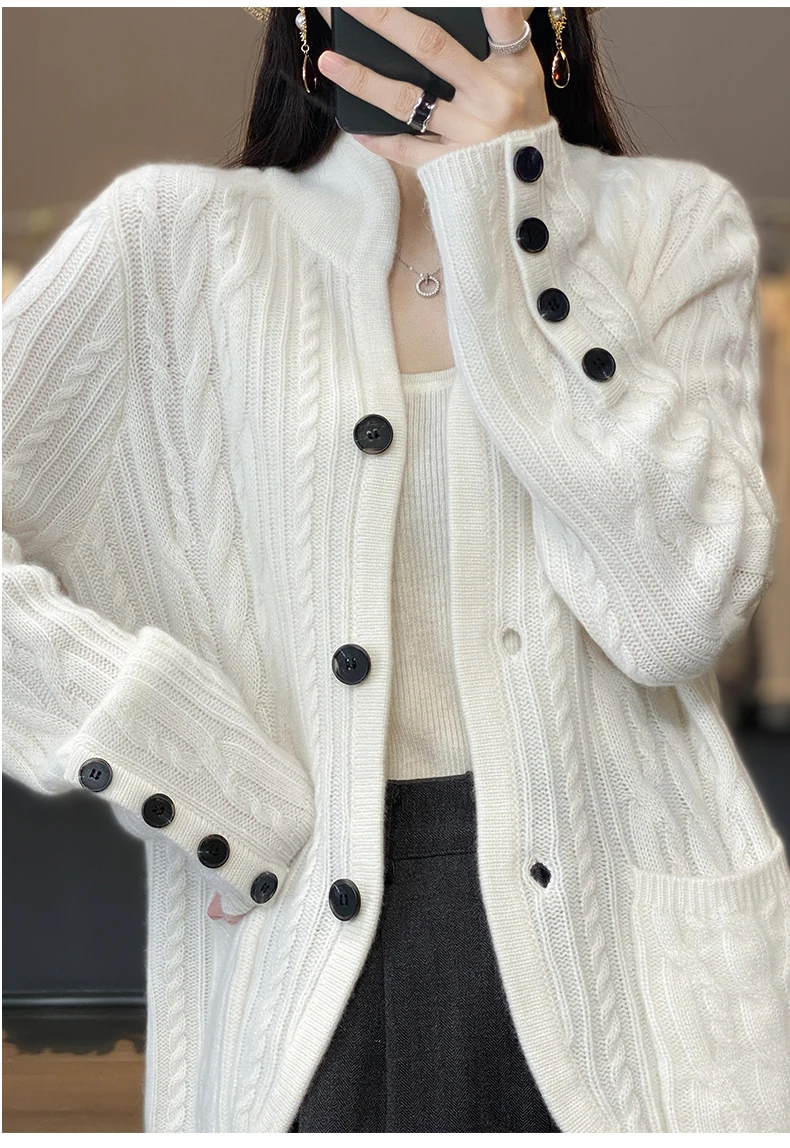 100%Cashmere Wool Sweater Women's New Stand Collar Cardigan Casual Knitted Tops European American Fashion High End Female Jacket