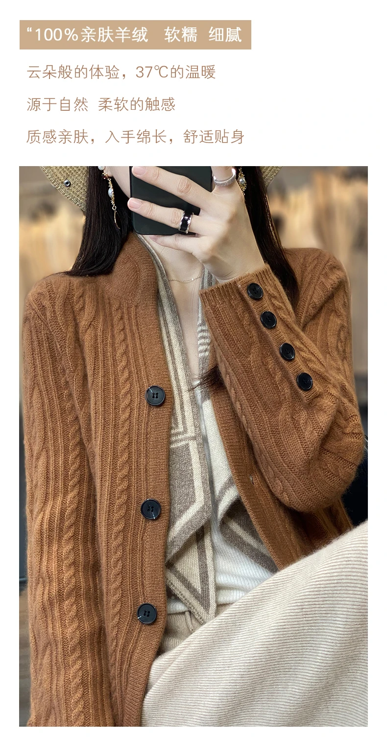 100%Cashmere Wool Sweater Women's New Stand Collar Cardigan Casual Knitted Tops European American Fashion High End Female Jacket