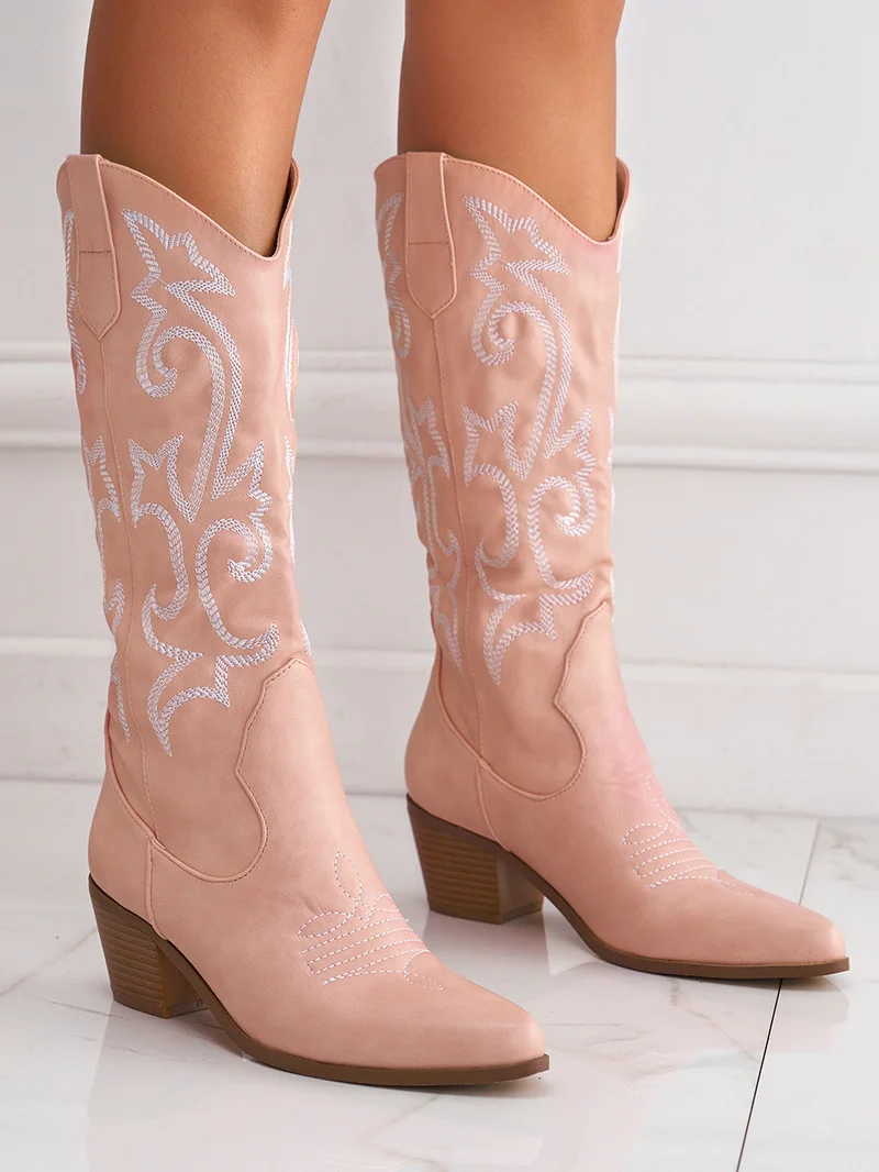 Liyke 2026 New Western Cowboy Boots Big Size 42 Women Fashion Embroidery Leather Autumn Winter Shoes Pointed Toe Low Hoof Heels