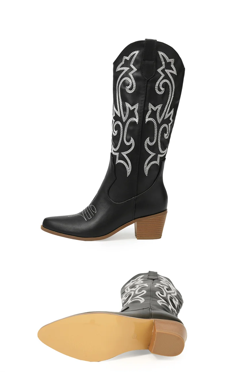 Liyke 2026 New Western Cowboy Boots Big Size 42 Women Fashion Embroidery Leather Autumn Winter Shoes Pointed Toe Low Hoof Heels