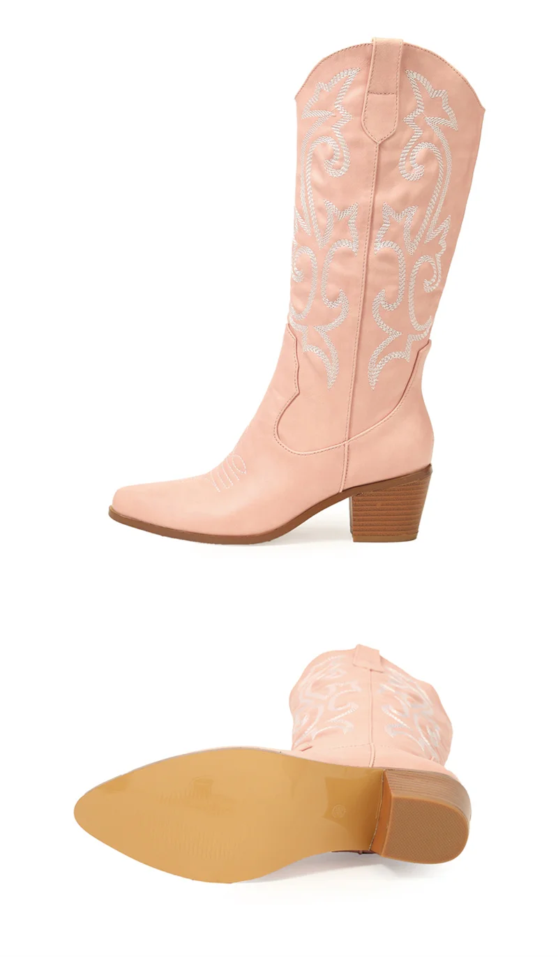 Liyke 2026 New Western Cowboy Boots Big Size 42 Women Fashion Embroidery Leather Autumn Winter Shoes Pointed Toe Low Hoof Heels