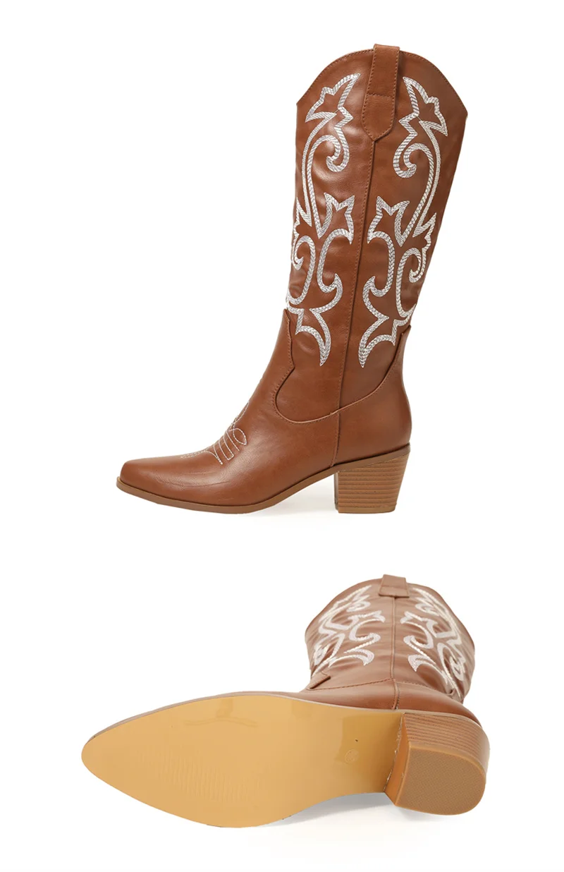 Liyke 2026 New Western Cowboy Boots Big Size 42 Women Fashion Embroidery Leather Autumn Winter Shoes Pointed Toe Low Hoof Heels