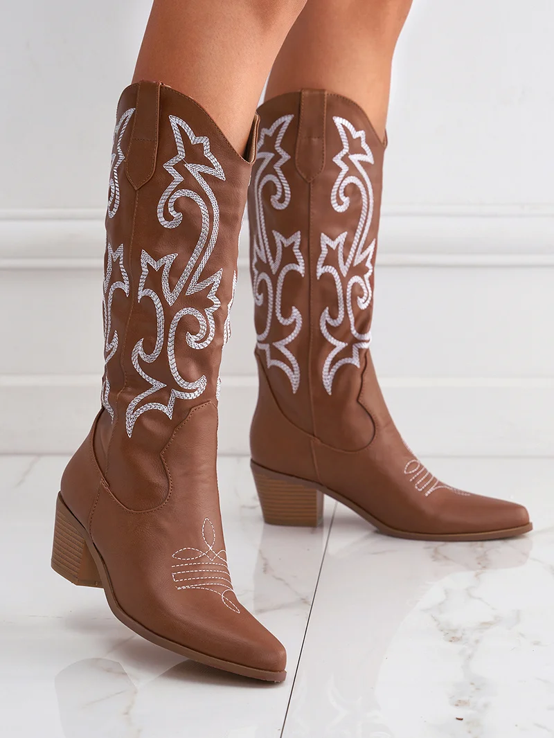 Liyke 2026 New Western Cowboy Boots Big Size 42 Women Fashion Embroidery Leather Autumn Winter Shoes Pointed Toe Low Hoof Heels