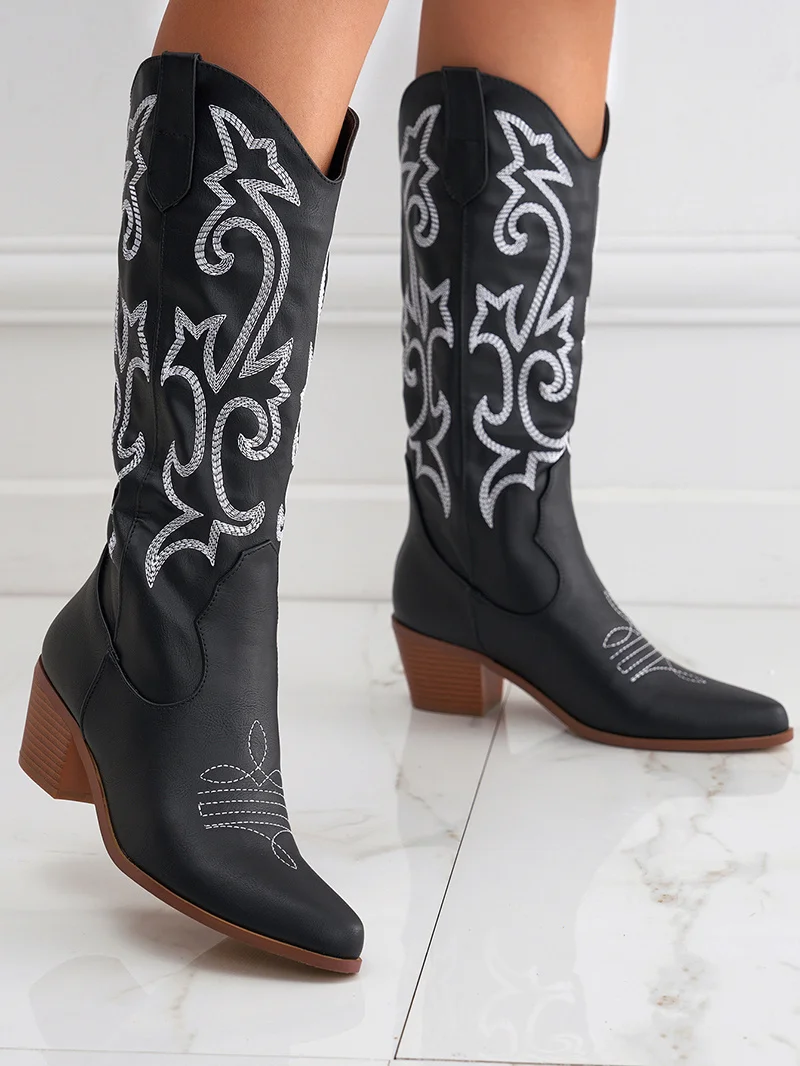 Liyke 2026 New Western Cowboy Boots Big Size 42 Women Fashion Embroidery Leather Autumn Winter Shoes Pointed Toe Low Hoof Heels