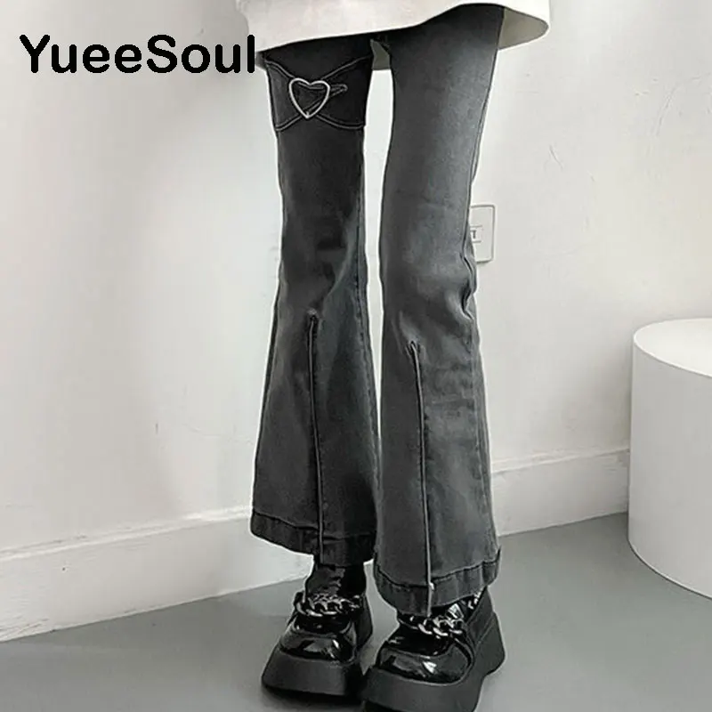 Love Metal Gray Women Jenas High Waist Flares Pants 2025 New Fashion Y2K Vintage Cute Sweet Casual 2000s E girl Female Clothes