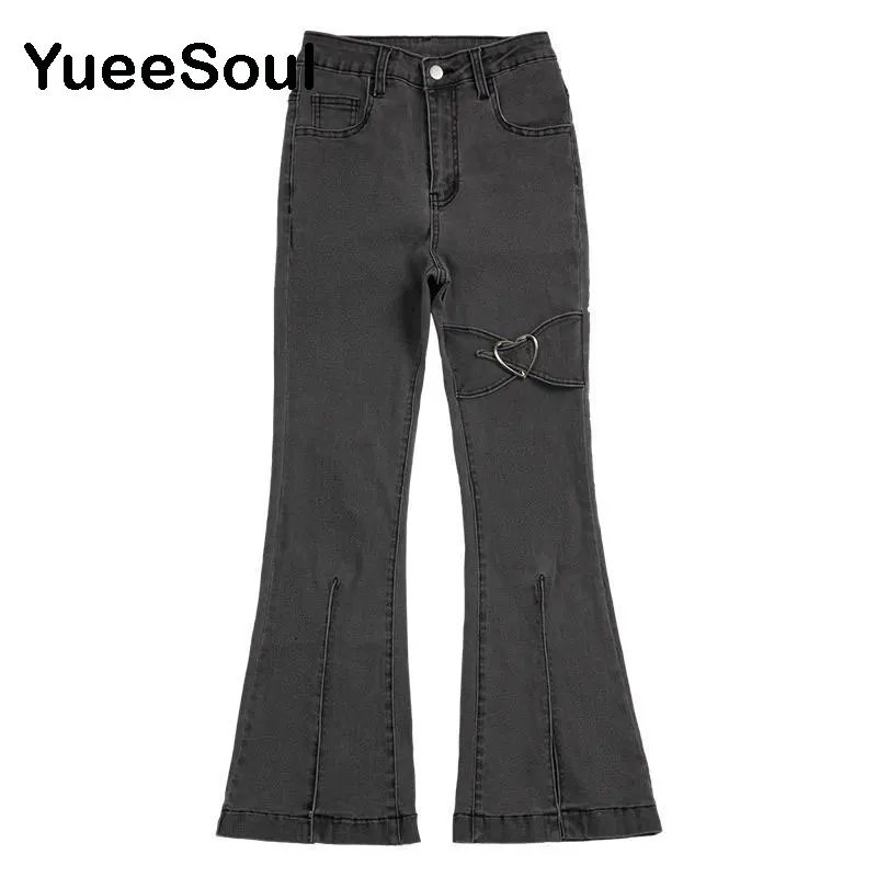 Love Metal Gray Women Jenas High Waist Flares Pants 2025 New Fashion Y2K Vintage Cute Sweet Casual 2000s E girl Female Clothes