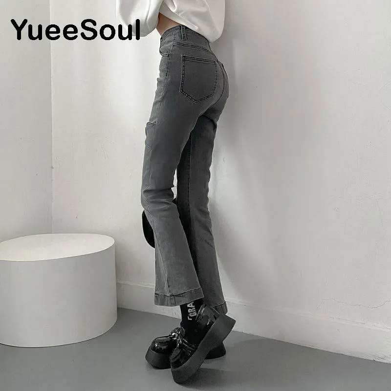 Love Metal Gray Women Jenas High Waist Flares Pants 2025 New Fashion Y2K Vintage Cute Sweet Casual 2000s E girl Female Clothes