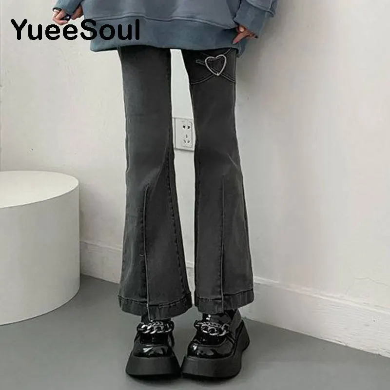Love Metal Gray Women Jenas High Waist Flares Pants 2025 New Fashion Y2K Vintage Cute Sweet Casual 2000s E girl Female Clothes