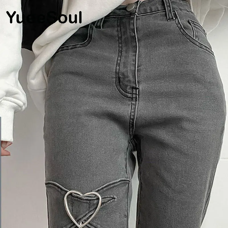 Love Metal Gray Women Jenas High Waist Flares Pants 2025 New Fashion Y2K Vintage Cute Sweet Casual 2000s E girl Female Clothes