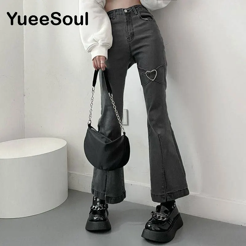 Love Metal Gray Women Jenas High Waist Flares Pants 2025 New Fashion Y2K Vintage Cute Sweet Casual 2000s E girl Female Clothes