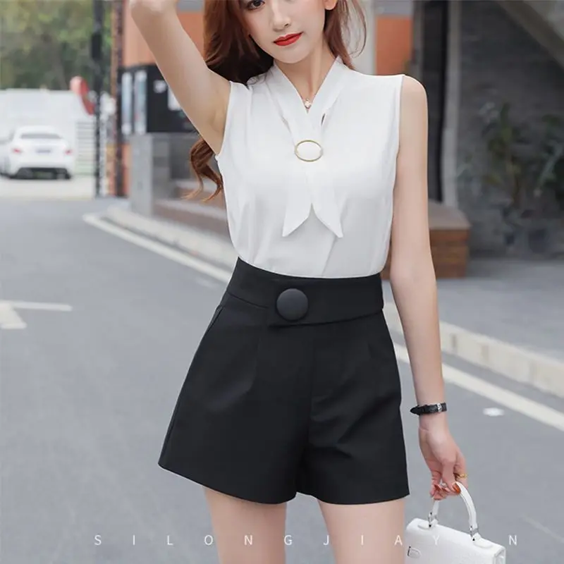 Wide Leg Women's Shorts Fashion Aesthetic Casual High Waist Korean Summer Cotton Black Sexy Elastic Vintage Luxury Short Pants