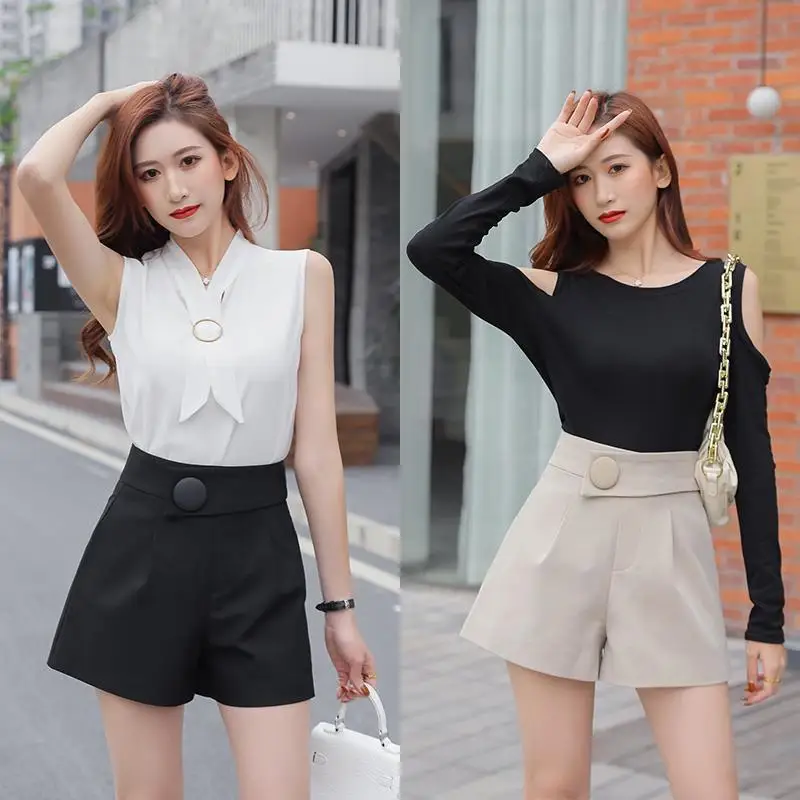 Wide Leg Women's Shorts Fashion Aesthetic Casual High Waist Korean Summer Cotton Black Sexy Elastic Vintage Luxury Short Pants
