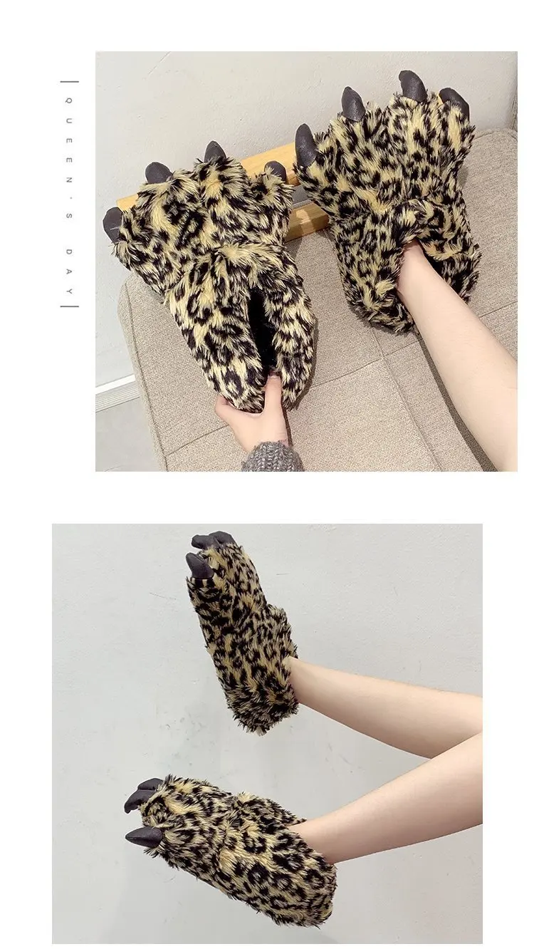Gray Leopard Slippers For Ladies Crazzy Animal Paw Fur Slides Girsl Design Classic Shoes Women Slippers 2022 New Stylish Unisex