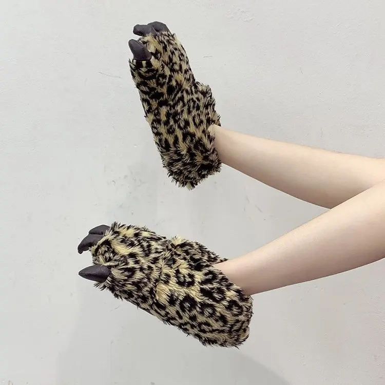 Gray Leopard Slippers For Ladies Crazzy Animal Paw Fur Slides Girsl Design Classic Shoes Women Slippers 2022 New Stylish Unisex