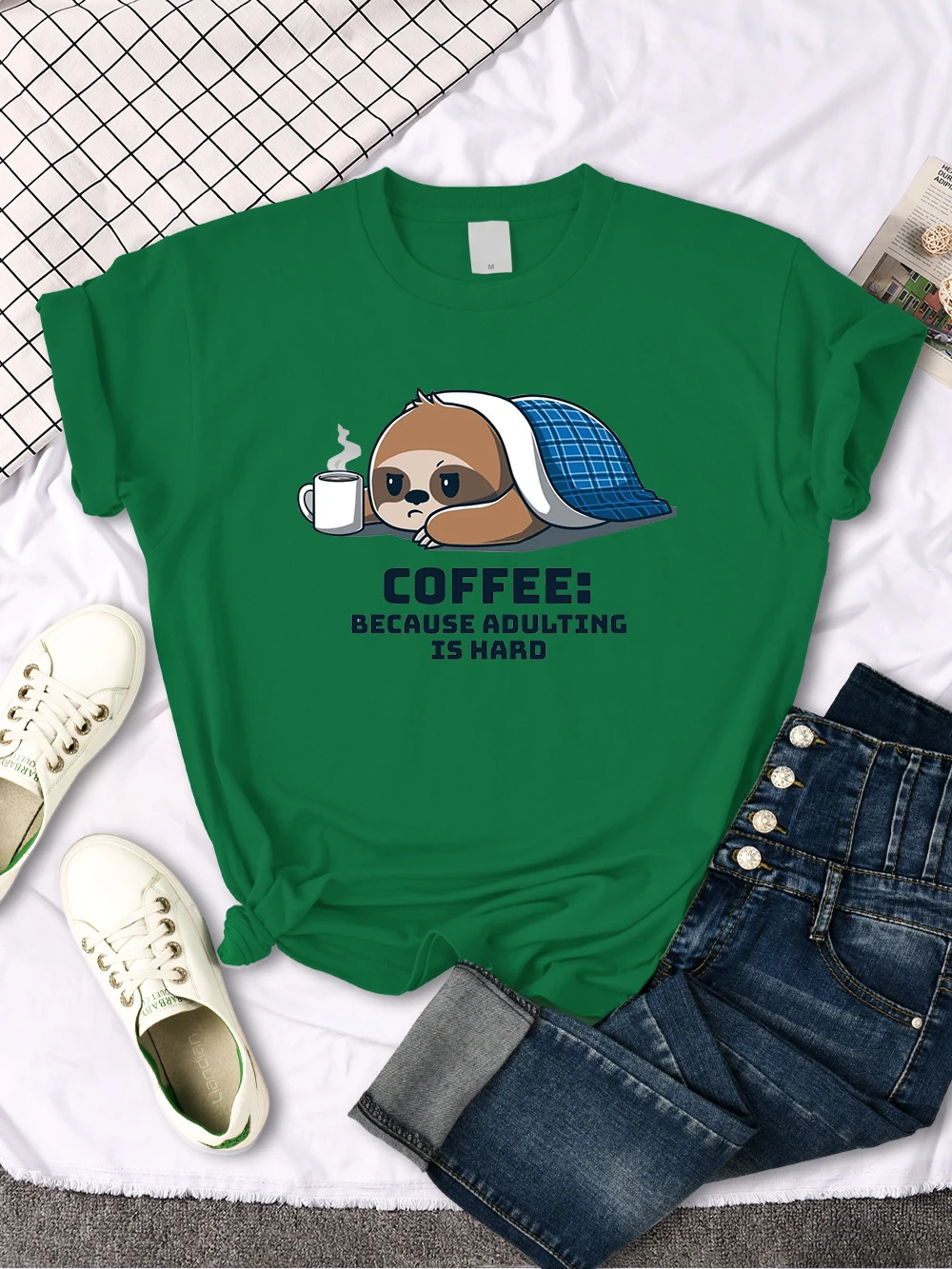 Women's Tshirt Sloth Hiding In Quilt And Coffee Print T-Shirts For Women Kpop Vintage Short Sleeve Top Punk Casual Women T Shirt