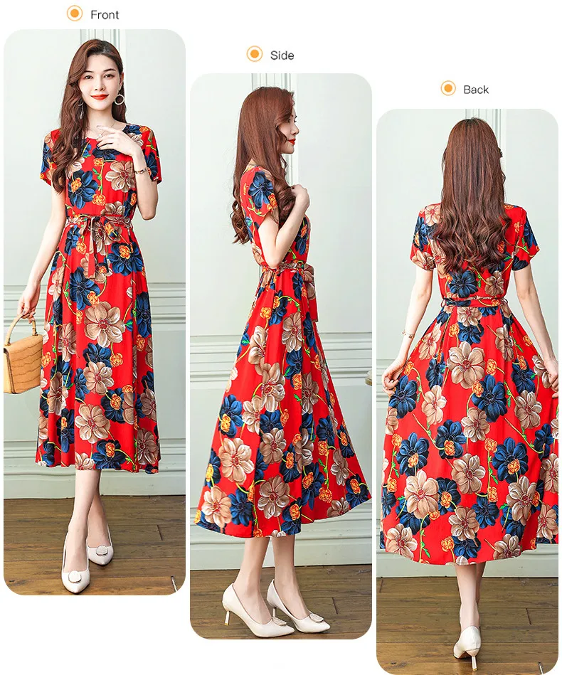 UHYTGF Fashion Womens 5XL Big Size Dress Short Sleeves Cotton Silk Printed Summer Dress Soft Comfortable Big Swing Dresses 2118