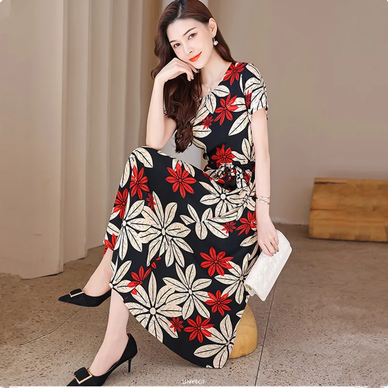 UHYTGF Fashion Womens 5XL Big Size Dress Short Sleeves Cotton Silk Printed Summer Dress Soft Comfortable Big Swing Dresses 2118