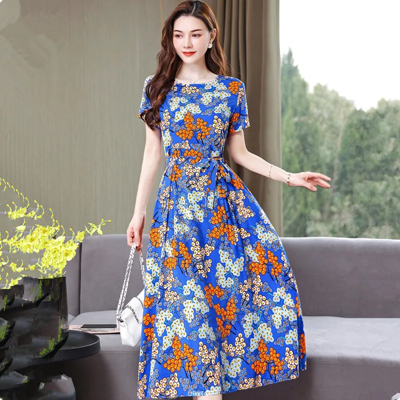UHYTGF Fashion Womens 5XL Big Size Dress Short Sleeves Cotton Silk Printed Summer Dress Soft Comfortable Big Swing Dresses 2118