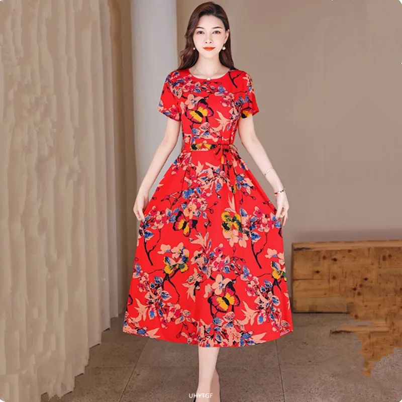 UHYTGF Fashion Womens 5XL Big Size Dress Short Sleeves Cotton Silk Printed Summer Dress Soft Comfortable Big Swing Dresses 2118