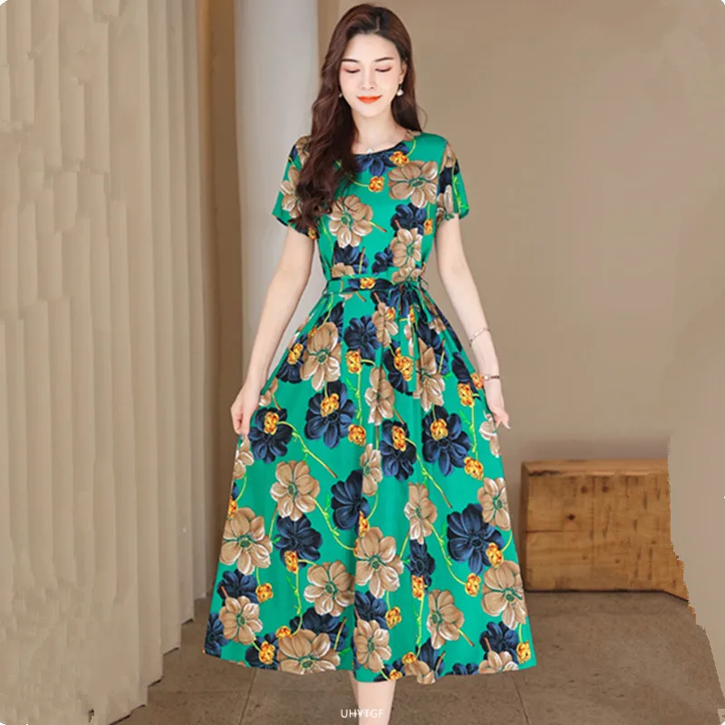 UHYTGF Fashion Womens 5XL Big Size Dress Short Sleeves Cotton Silk Printed Summer Dress Soft Comfortable Big Swing Dresses 2118
