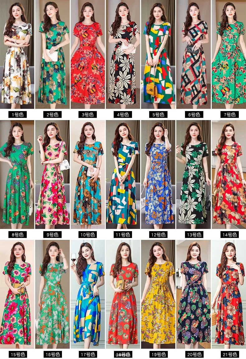UHYTGF Fashion Womens 5XL Big Size Dress Short Sleeves Cotton Silk Printed Summer Dress Soft Comfortable Big Swing Dresses 2118