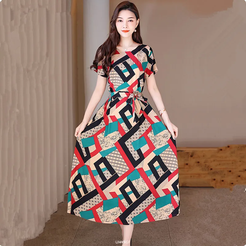 UHYTGF Fashion Womens 5XL Big Size Dress Short Sleeves Cotton Silk Printed Summer Dress Soft Comfortable Big Swing Dresses 2118