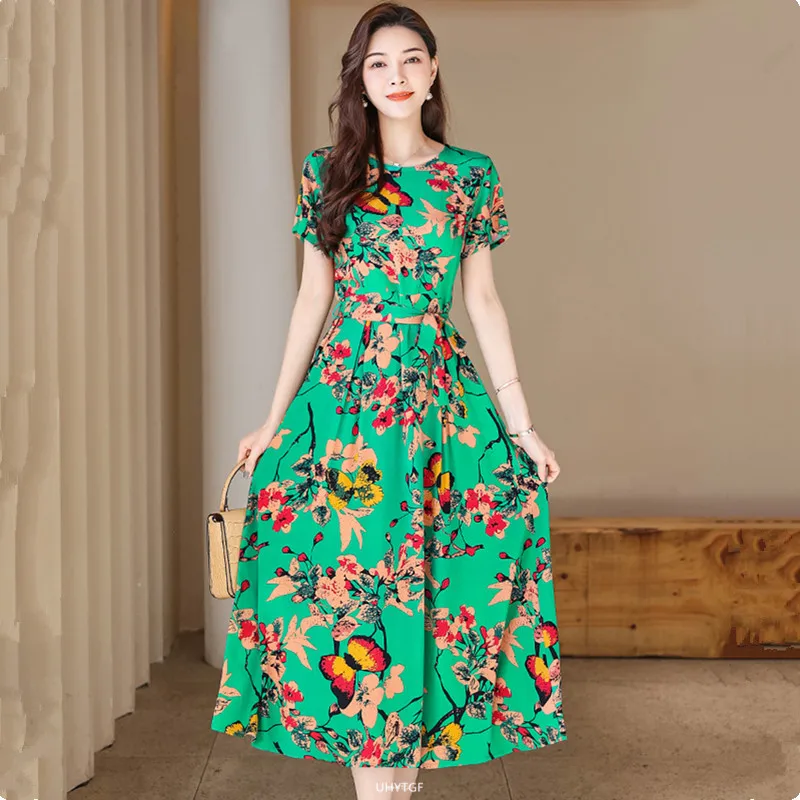 UHYTGF Fashion Womens 5XL Big Size Dress Short Sleeves Cotton Silk Printed Summer Dress Soft Comfortable Big Swing Dresses 2118