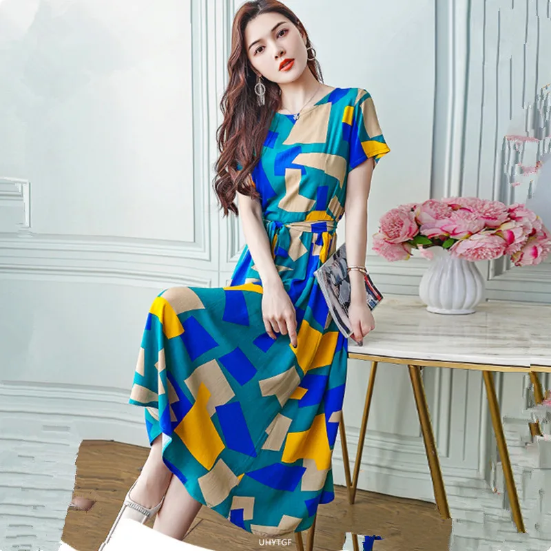 UHYTGF Fashion Womens 5XL Big Size Dress Short Sleeves Cotton Silk Printed Summer Dress Soft Comfortable Big Swing Dresses 2118