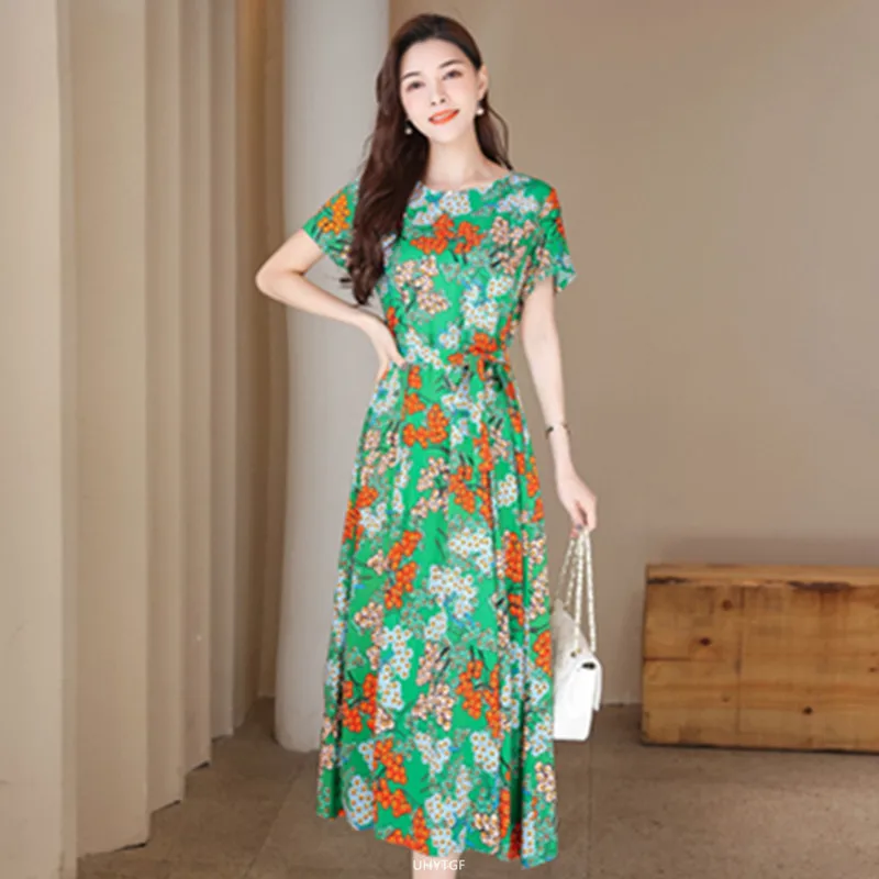 UHYTGF Fashion Womens 5XL Big Size Dress Short Sleeves Cotton Silk Printed Summer Dress Soft Comfortable Big Swing Dresses 2118