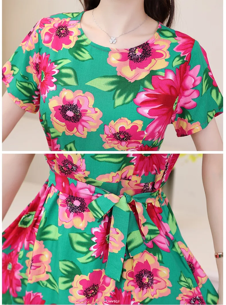 UHYTGF Fashion Womens 5XL Big Size Dress Short Sleeves Cotton Silk Printed Summer Dress Soft Comfortable Big Swing Dresses 2118