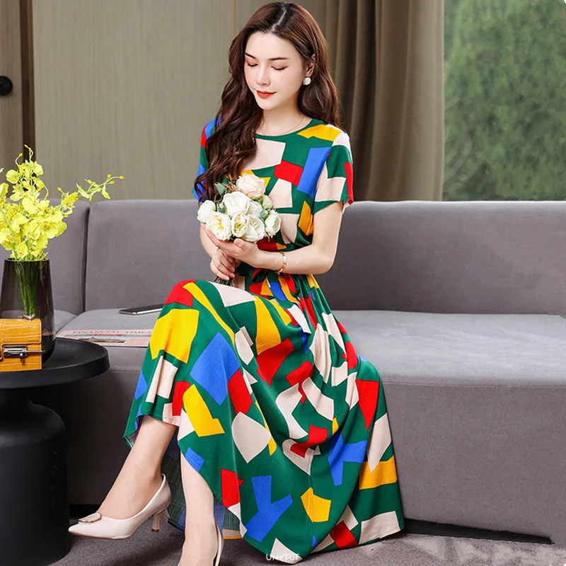 UHYTGF Fashion Womens 5XL Big Size Dress Short Sleeves Cotton Silk Printed Summer Dress Soft Comfortable Big Swing Dresses 2118