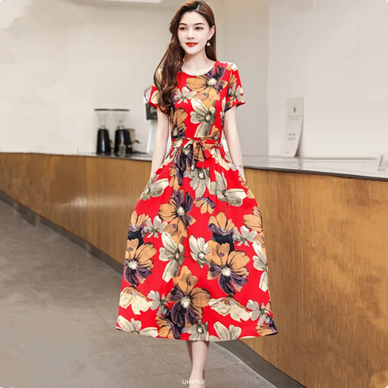 UHYTGF Fashion Womens 5XL Big Size Dress Short Sleeves Cotton Silk Printed Summer Dress Soft Comfortable Big Swing Dresses 2118