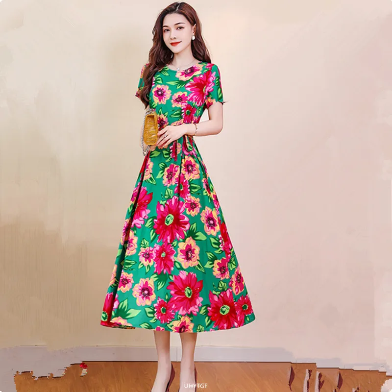 UHYTGF Fashion Womens 5XL Big Size Dress Short Sleeves Cotton Silk Printed Summer Dress Soft Comfortable Big Swing Dresses 2118