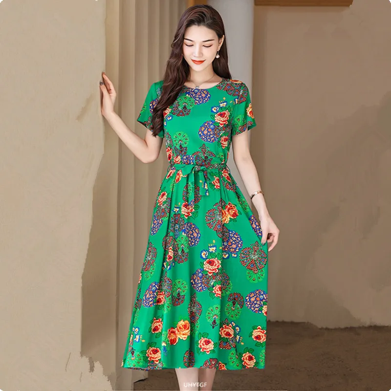 UHYTGF Fashion Womens 5XL Big Size Dress Short Sleeves Cotton Silk Printed Summer Dress Soft Comfortable Big Swing Dresses 2118