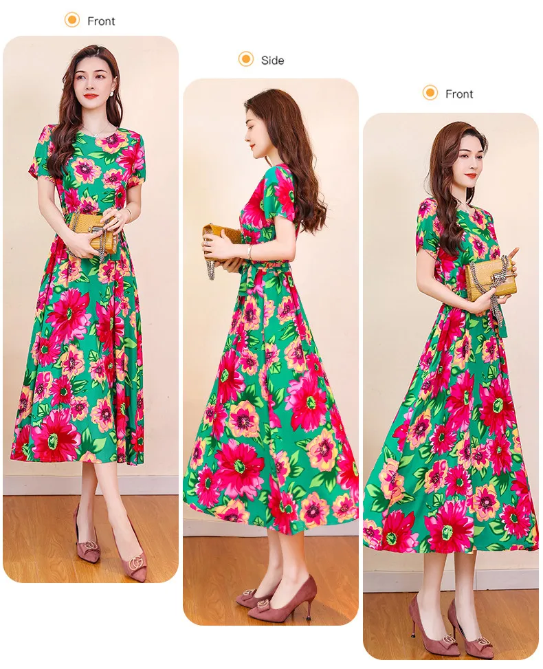 UHYTGF Fashion Womens 5XL Big Size Dress Short Sleeves Cotton Silk Printed Summer Dress Soft Comfortable Big Swing Dresses 2118