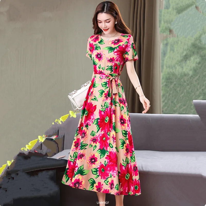 UHYTGF Fashion Womens 5XL Big Size Dress Short Sleeves Cotton Silk Printed Summer Dress Soft Comfortable Big Swing Dresses 2118