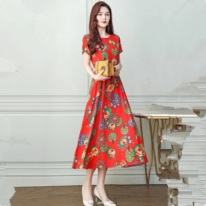 UHYTGF Fashion Womens 5XL Big Size Dress Short Sleeves Cotton Silk Printed Summer Dress Soft Comfortable Big Swing Dresses 2118