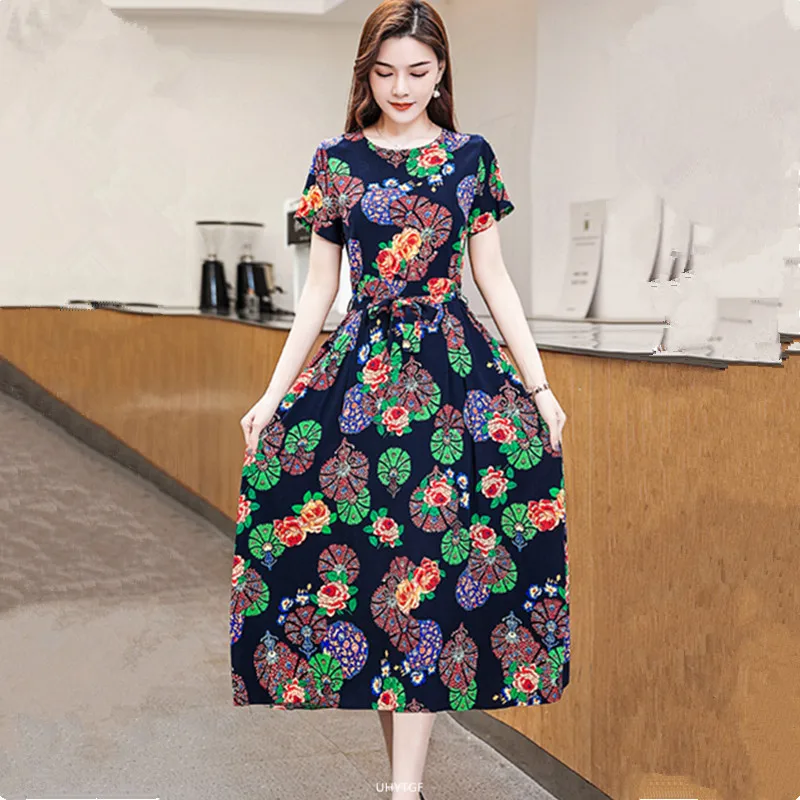 UHYTGF Fashion Womens 5XL Big Size Dress Short Sleeves Cotton Silk Printed Summer Dress Soft Comfortable Big Swing Dresses 2118