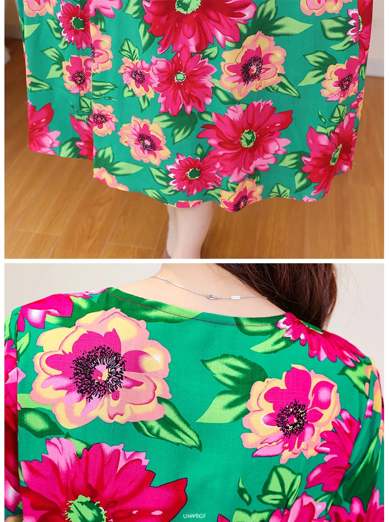 UHYTGF Fashion Womens 5XL Big Size Dress Short Sleeves Cotton Silk Printed Summer Dress Soft Comfortable Big Swing Dresses 2118