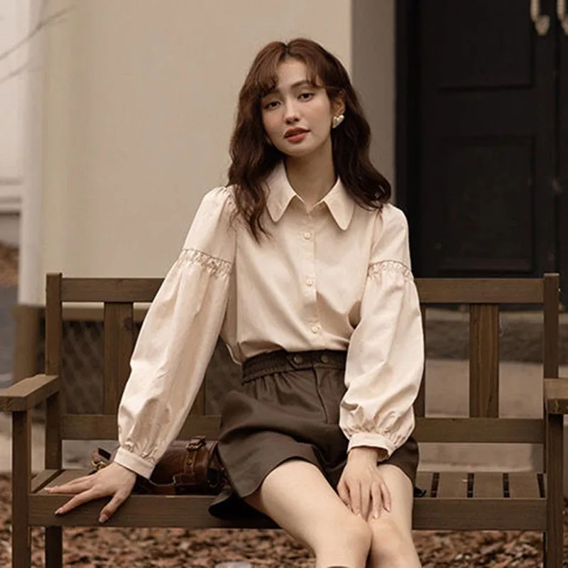 Korean Fashion Women's Blouses 2023 Spring Autumn Single Breasted Tops Clothes for Women Solid High Street Lantern Sleeve Shirts