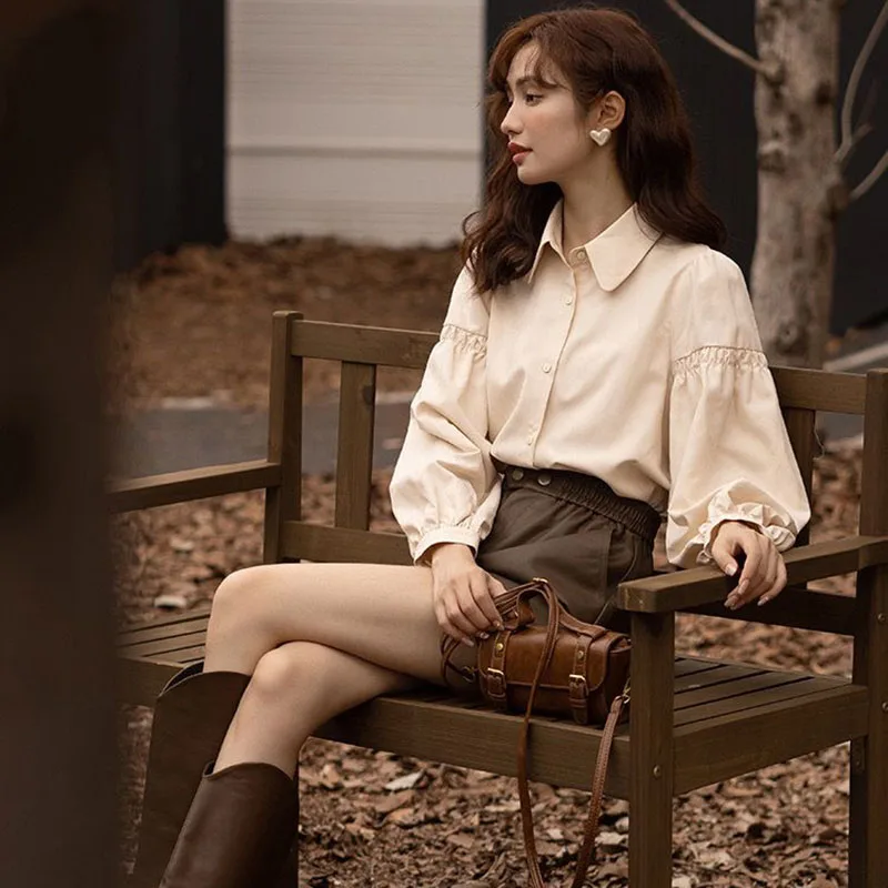 Korean Fashion Women's Blouses 2023 Spring Autumn Single Breasted Tops Clothes for Women Solid High Street Lantern Sleeve Shirts