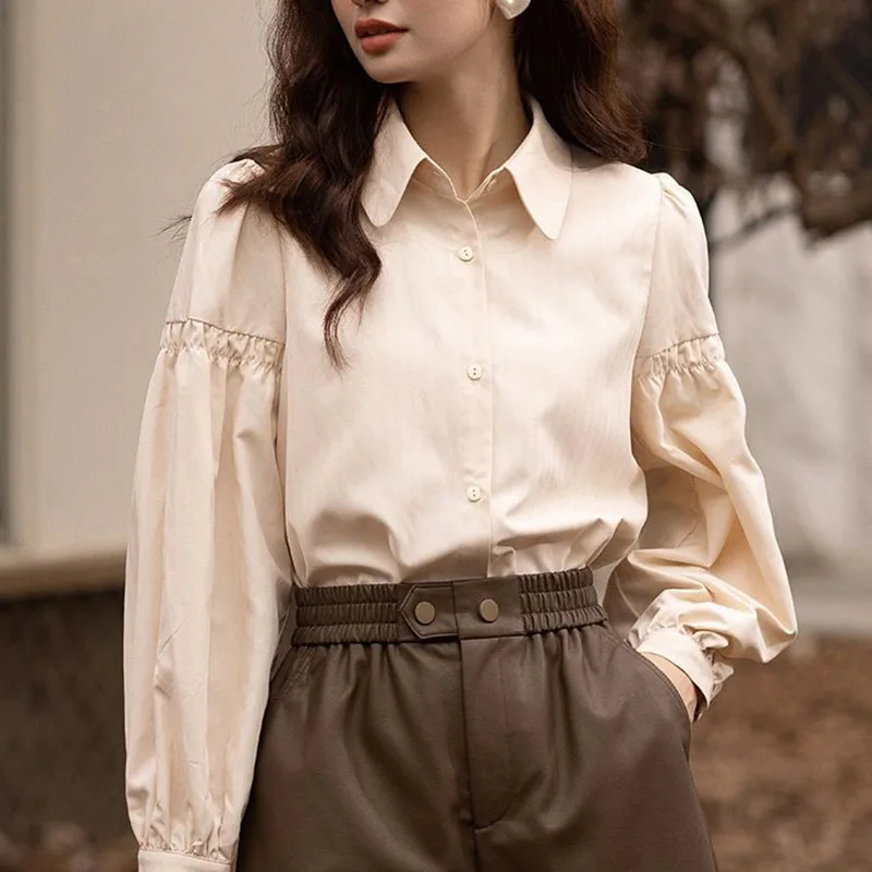 Korean Fashion Women's Blouses 2023 Spring Autumn Single Breasted Tops Clothes for Women Solid High Street Lantern Sleeve Shirts
