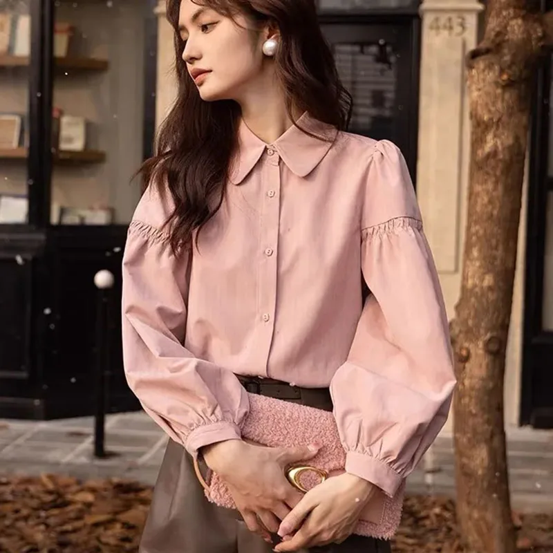 Korean Fashion Women's Blouses 2023 Spring Autumn Single Breasted Tops Clothes for Women Solid High Street Lantern Sleeve Shirts