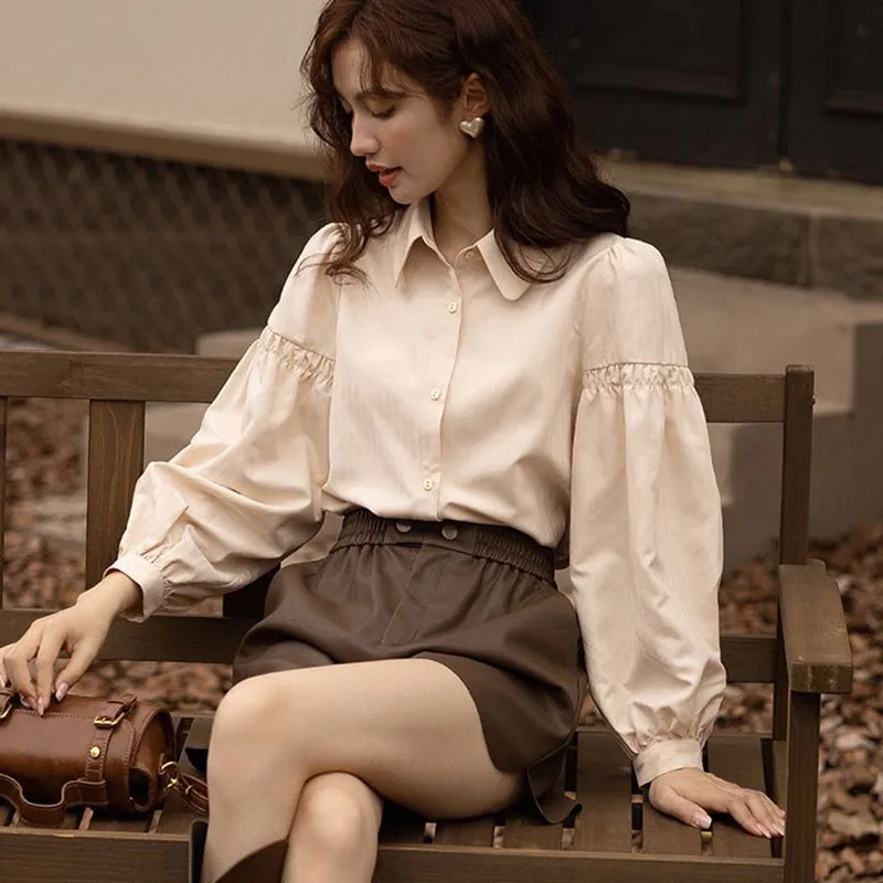 Korean Fashion Women's Blouses 2023 Spring Autumn Single Breasted Tops Clothes for Women Solid High Street Lantern Sleeve Shirts