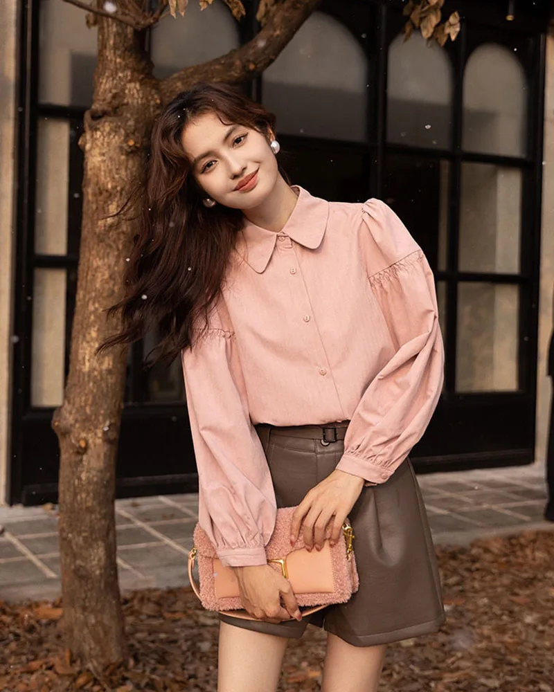 Korean Fashion Women's Blouses 2023 Spring Autumn Single Breasted Tops Clothes for Women Solid High Street Lantern Sleeve Shirts