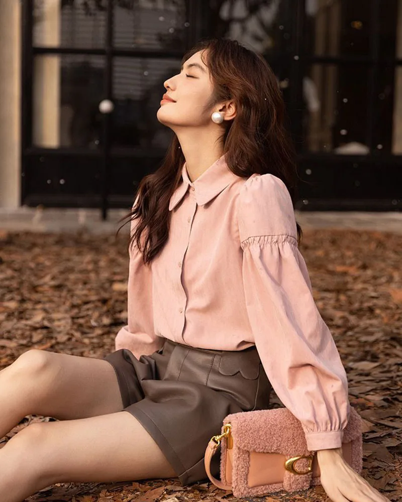 Korean Fashion Women's Blouses 2023 Spring Autumn Single Breasted Tops Clothes for Women Solid High Street Lantern Sleeve Shirts
