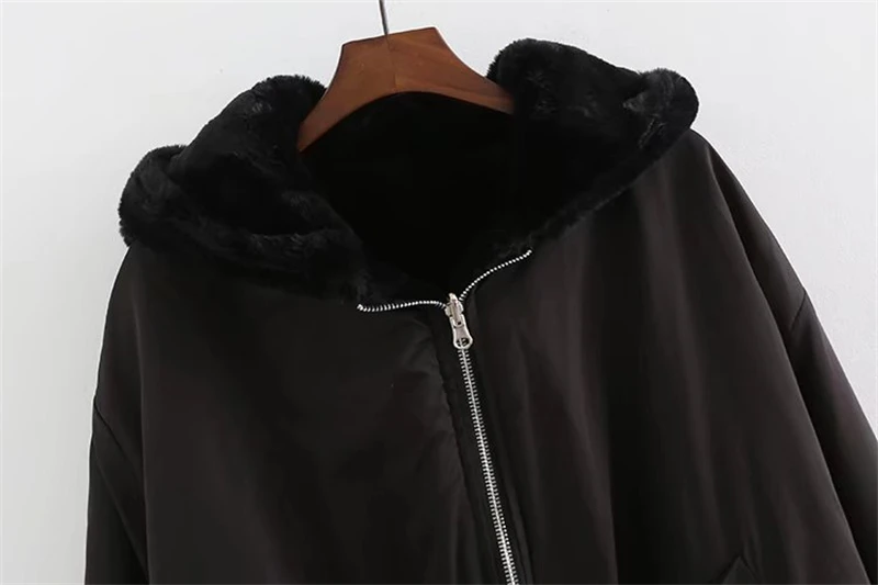 KEYANKETIAN Ladies Reversible Bomber Jacket Female Winter Faux Fur Panel Loose Hooded Zip Jacket Solid Mid Length Casual Top