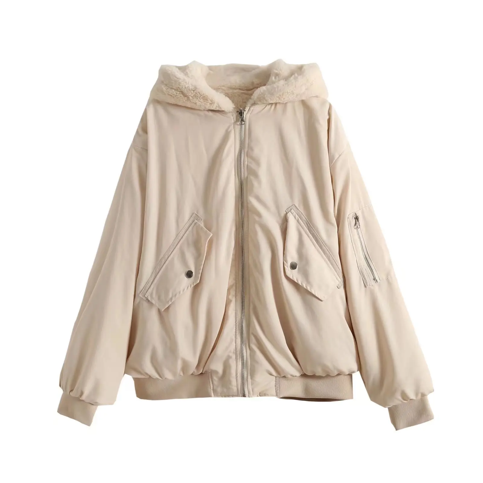 KEYANKETIAN Ladies Reversible Bomber Jacket Female Winter Faux Fur Panel Loose Hooded Zip Jacket Solid Mid Length Casual Top